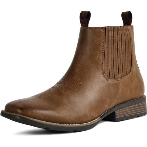 Cowboy Boots For Men Square Toe Ankle Boots Brown - Picture 1 of 7